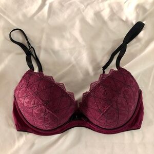 Pleasure State - Lace & Satin Demi Bra - Magenta & Black - 32B